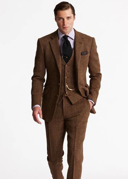 Индивидуальные коричневый твид Костюмы Для мужчин Slim Fit Формальные жениха платье для выпускного вечера смокинг Best мужчина пальто 3