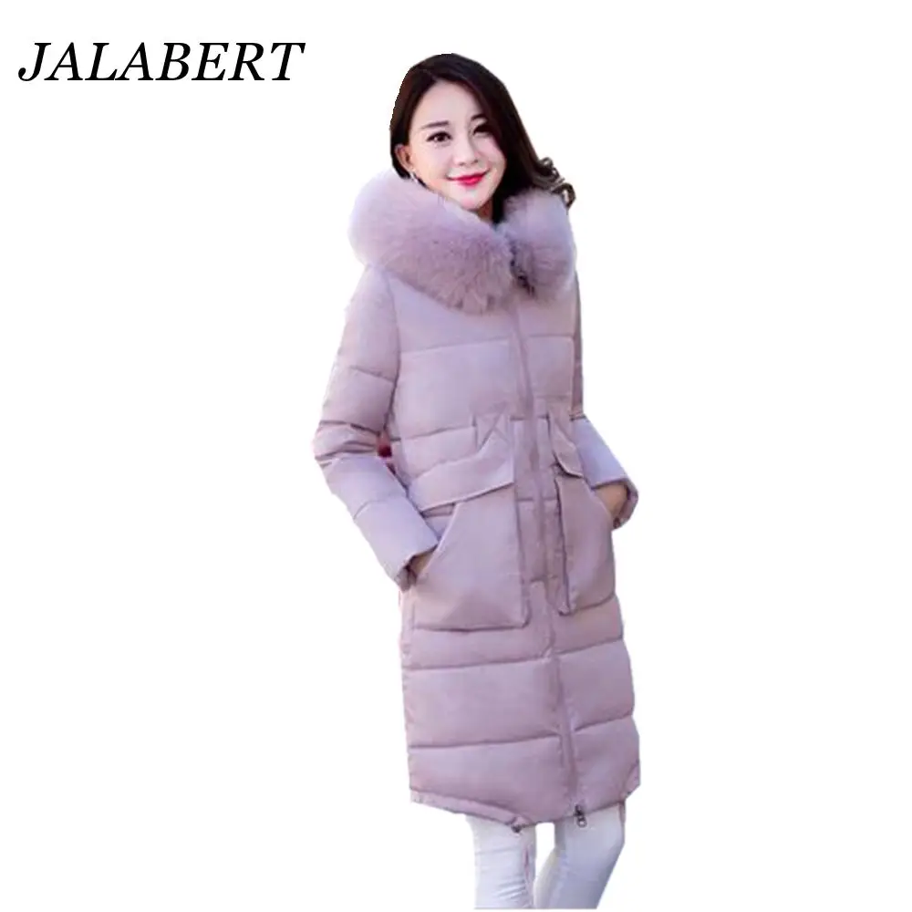 

2016 women long new winter fashion down cotton warm jacket large fur collar Slim pocket thick padded coat