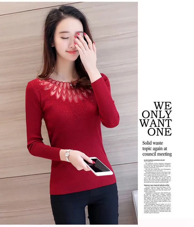 High Elastic Knitted Sweater Women 2019 Autumn Lace Patchwork Sweaters And Pullovers Lady Long Sleeve Red Pull Femme Hiver (6)