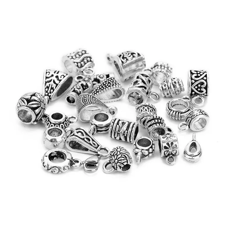 

Sauvoo 20pcs Antique Tibetan Silver Bail Space Charm Beads Fit Handmade Big Hole European Bracelet DIY Jewelry Making Materials