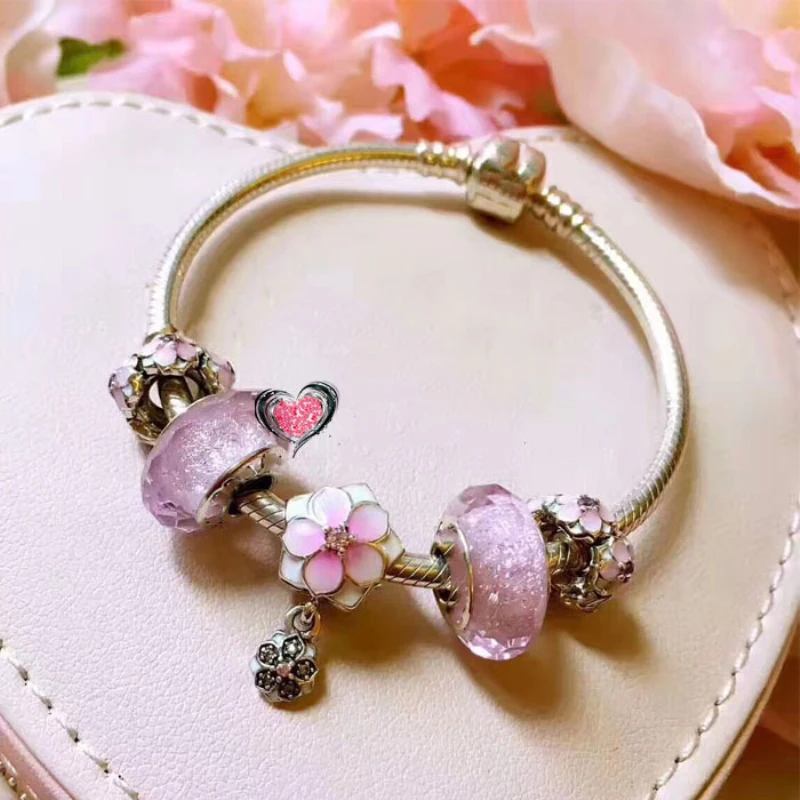 

Fits Jewelry Glamour DIY Ladies Party Gift Sterling Silver 925 Pink Beads Magnolia Finished Bracelet