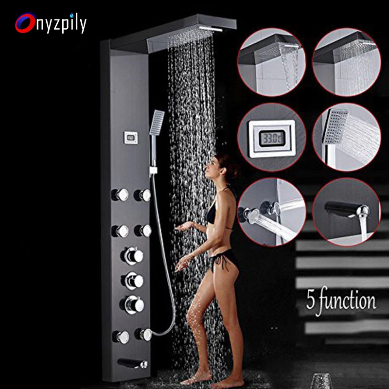 

Onyzpily Brushed Nickel Thermostatic Shower Tower Panel Temperature Screen 5 Functions,Rainfall and Waterfall Shower