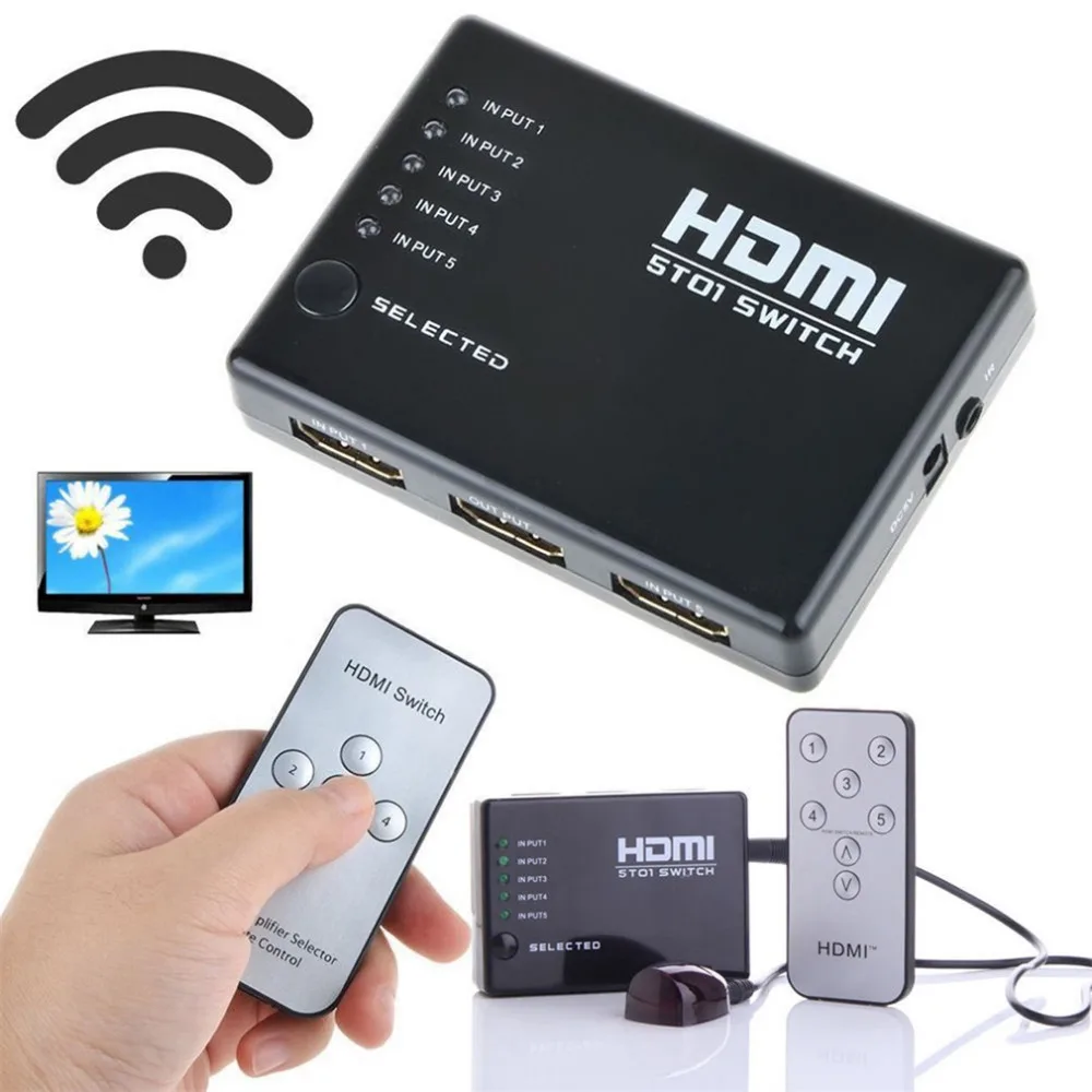 

Mini 10% to 85% RH 2.5Gbps/250MHz IR Remote 5 Port HDMI Switch 5-in-1 5*1 Switcher HDMI Splitter HDMI Port for HDTV 1080P Vedio