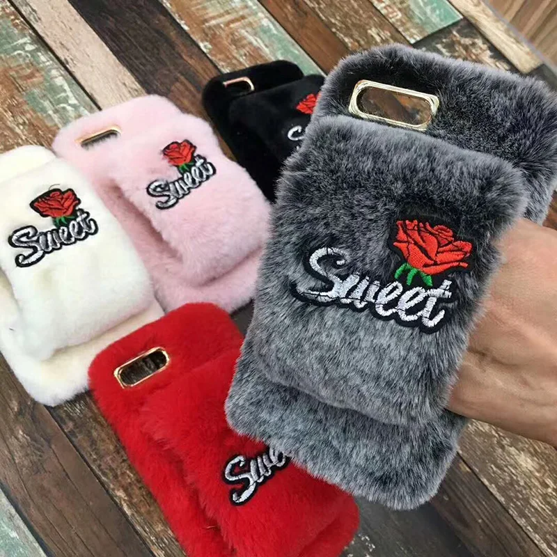 Tfshining Fur Case For iPhone X XR XS Max Lovely Winter Plush Furry Sweet Rose Silicone Phone Case Cover For iphone 6s 7 8 plus (4)