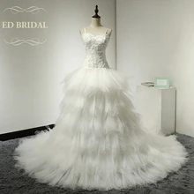 Dropped Waist Tulle Ruffle Wedding Dress with Beaded Lace Appliques Spaghetti Straps Tiered Wedding Gowns Bridal Dress