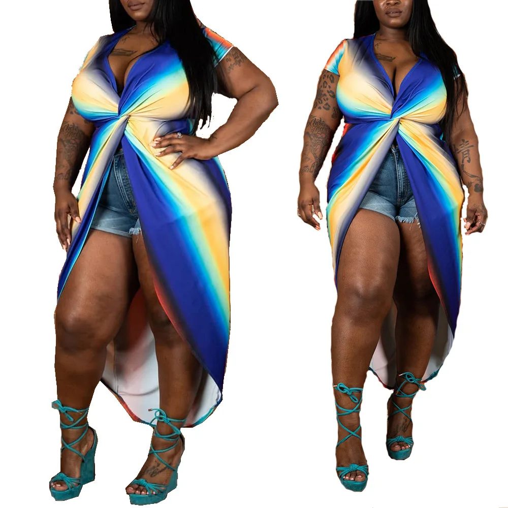 

2019 Women's Short Sleeve Rainbow Print V-Neck Tying Split Split Maxi Blouse Shirts Suit Sexy Beach style Summer Party Dress