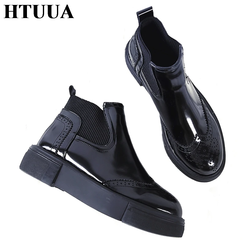 

HTUUA Autumn Ankle Boots for Women Slip On Bright Leather Chelsea Boots Casual Creepers Flat Heels Platform Shoes Bootie SX1811