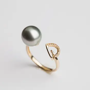 

14k Yellow Gold Round Gray Green Tahitian Cultured Pearl Cuff Ring 9-10mm 6.75