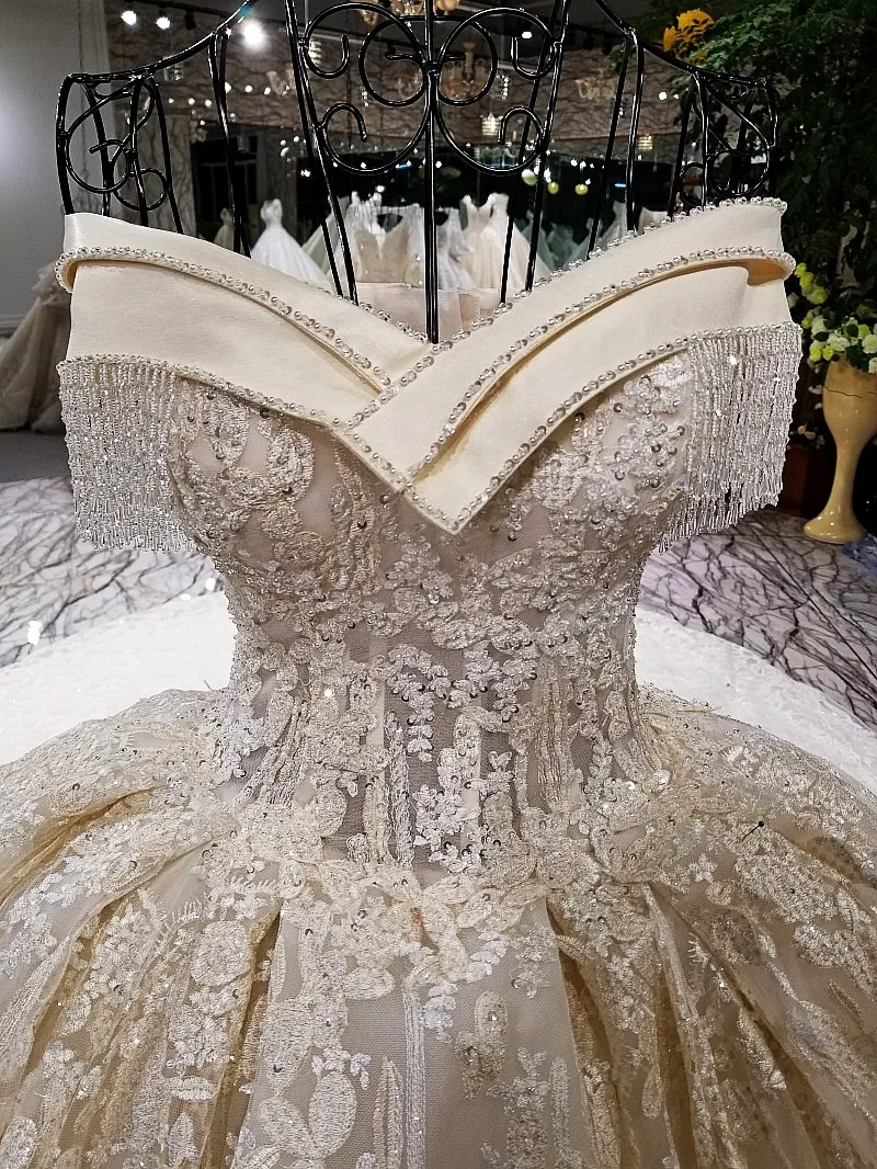 LS11457 Роскошное свадебное платье отбортовывающее бальное платье от плеча зашнуруйте кружево свадебное свадебное платье собора поезда