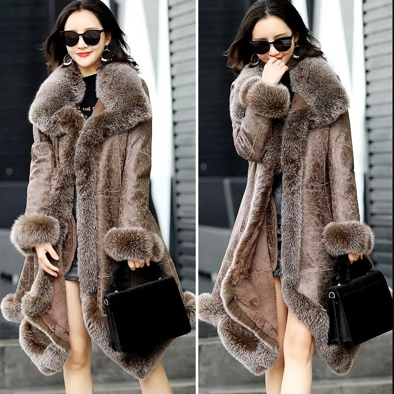 

New Winter 2019 Loose Warm Luxury Real Fur Long Coat Natural Rabbit Fur Liner Outwear Thicken Fox Fur Trim Collar Women Coat