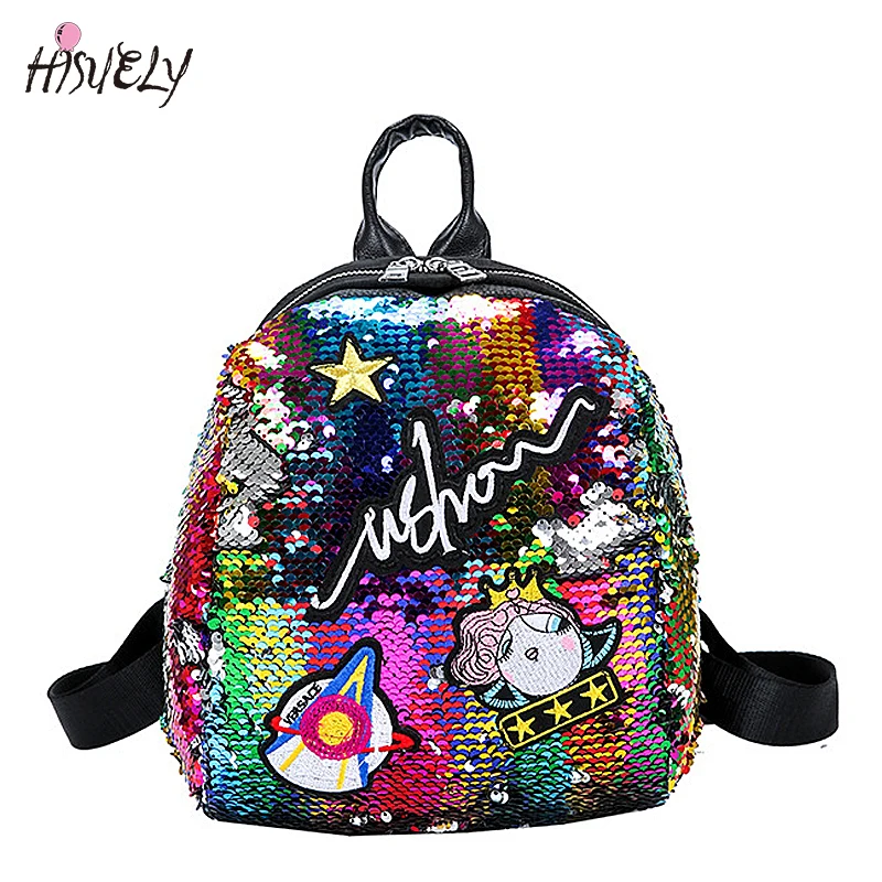 HISUELY Mini Sequined Backpack With Cute Embroidery Backpacks For Women Girls Travelbag Bling