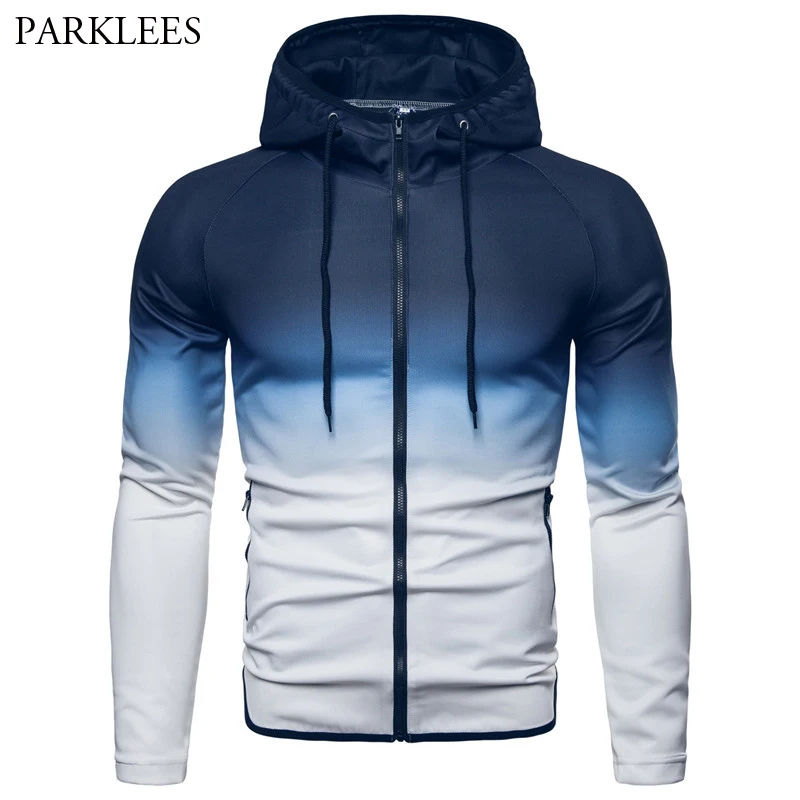 Fashion Gradient Blue Hoodies Men Zipper Mens Hooded Sweatshirts Casual ...