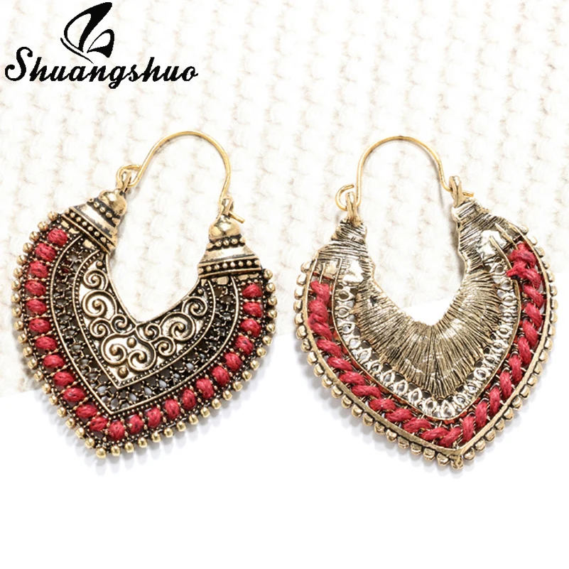 Shuangshuo Ethnic Vintage Carving Hollow Heart Hoop Earrings for Women Pendientes Mujer Brincos Bohemian Big Hoops Earrings