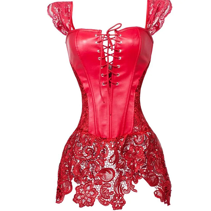 

Sexy Women Gothic Corset Bustier Dress Faux Leahter Lace Strap Waist Cincher Steampunk Shaper Underwear Lingerie Red Plus Size