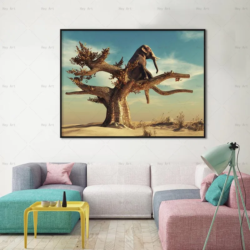 Wall Pictures for Living Room Landscape Print Elephant Animal Canvas Painting Art Poster No Frame