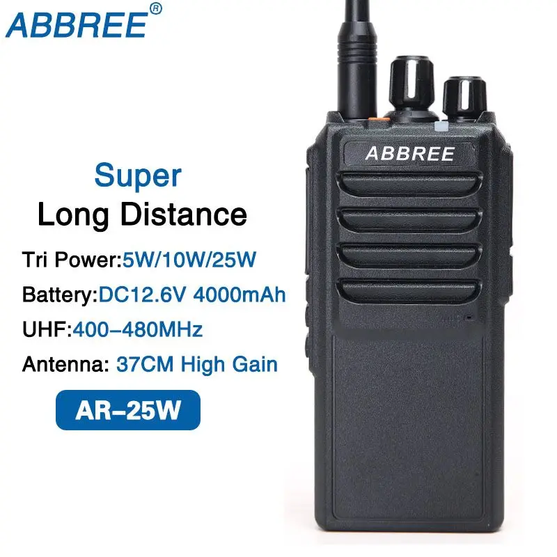 

ABBREE AR-25W UHF 400-480MHz Output Power 25W 10W 5W 10Km Range Two Way Radio With 37CM High Gain Antenna and 4000mAh Battery