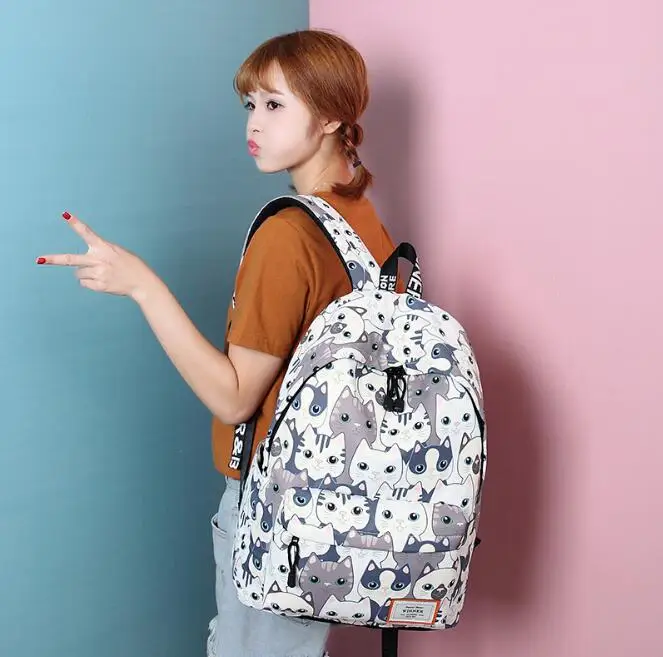 

Waterproof Cat Printing Backpack Women School Students Back Pack Female 14-15.6 Inch Laptop Cute Book Bag for Girls W-52-70