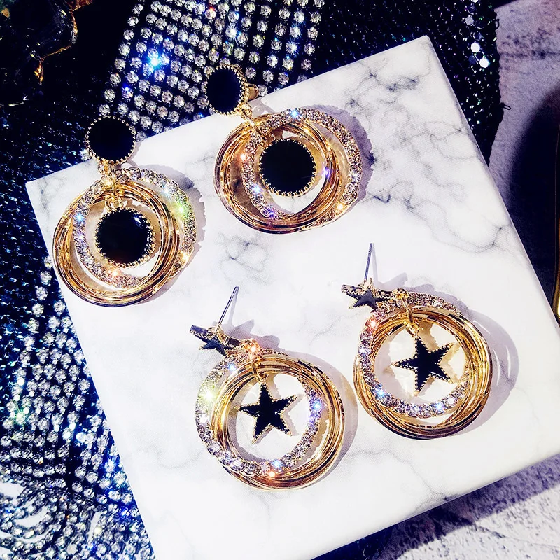 

2019 New Fashion Zircon Brincos Oorbellen Bijoux Crystal Rhinestone Hollow Round Star Hanging Earrings for Women Fashion Jewelry