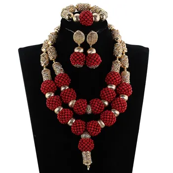 

Fantastic Wine Red African Coral Wedding Beads Pendant Necklace Set Burgundy Gold Dubai Women Costume Jewelry Set CNR538