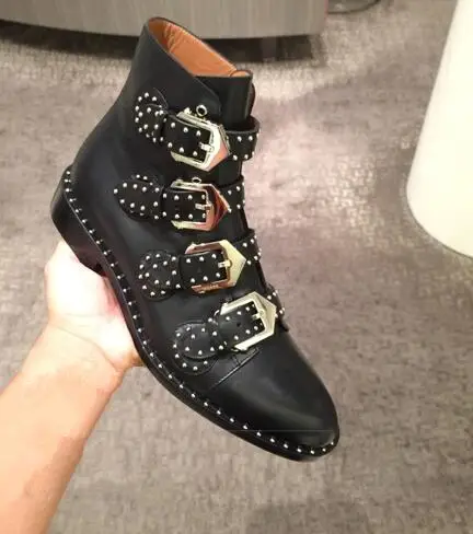 black leather studded booties