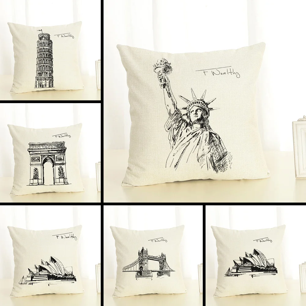 

Nordic City Buildings Cushion Covers Statue of Liberty Pillowcase Seat Sofa Pillow Cover Linen Cotton Square Decor Cushion Cover