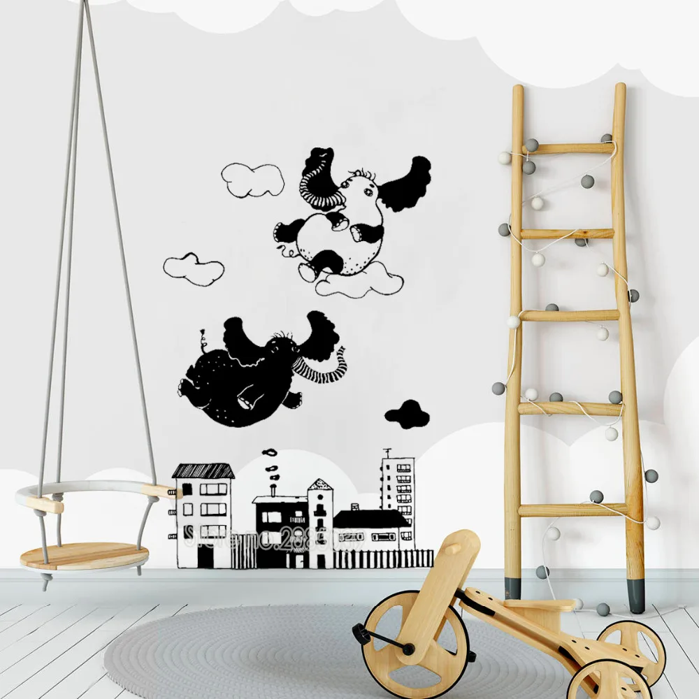 New Design Super Cute Wall Decal Flying Elephants Art Vinyl Wall Sticker For Kid Room Home Decor