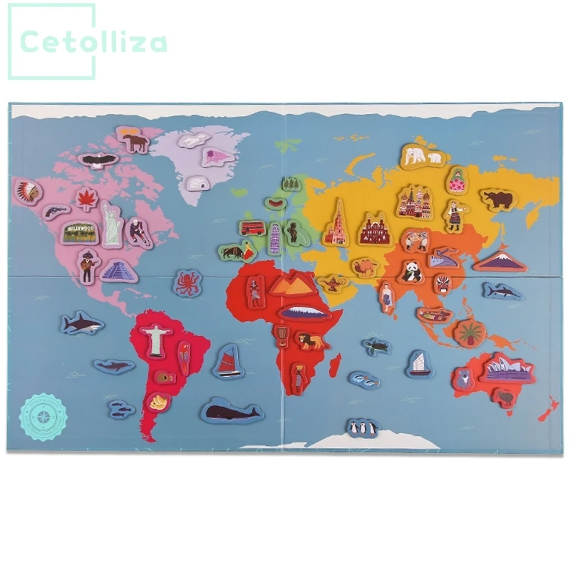 

World Map Magnetism Jigsaw Puzzle Magnetism Refrigerator Paste Parent-Child Perceive Educational Toys 131pcs Set