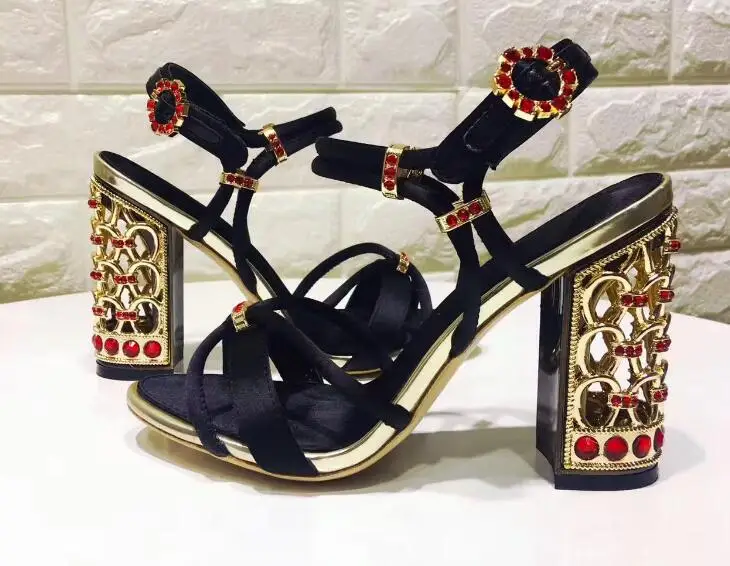 

Superstar women shoes high heel sandals black red sky-blue shoes designer cage high thick heels with crystal design lady sandals