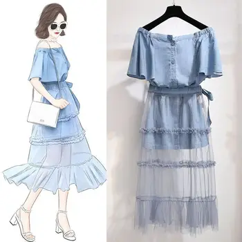 

2019 Summer Women Single Breasted Slash Neck Solid Shirt+Elastic Waist Slim Mesh Draped Skirt Suit Female Casual Sweet Sets Y41