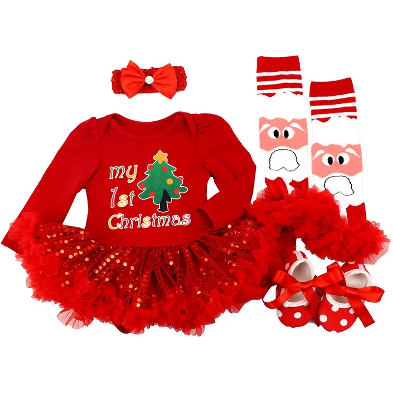 Рождественское платье одежда для маленьких девочек Одежда для новорожденных «Мой первый Рождество» «Санта» Кружевное боди для малышей, комплект из 4 предметов, костюмы, Vestidos, от 0 до 24 месяцев - Цвет: as photo