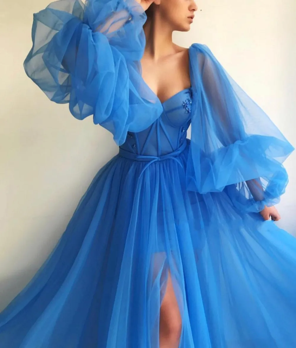 2019 Blue Dubai Evening Dresses Long Sexy Slit V-Neck Beaded Tulle Formal Dress for Evening Party robe de soiree