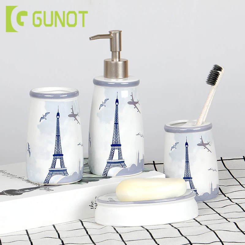 

GUNOT 4Pcs/Set Ceramics Bathroom Accessories Sets Include Soap Dispenser/Toothbrush Holder/Tumbler/Soap Dish Home Decoration
