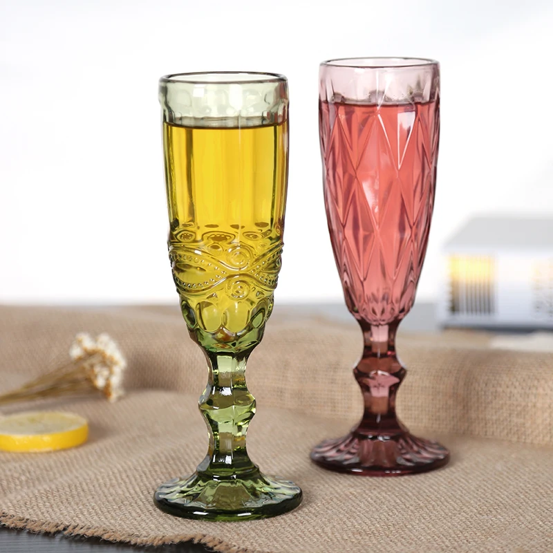 150 мл набор из 3 винтажных разноцветных рельефных бокалов для шампанского, сока, гравировки, бокалы для вина с высокой ногой