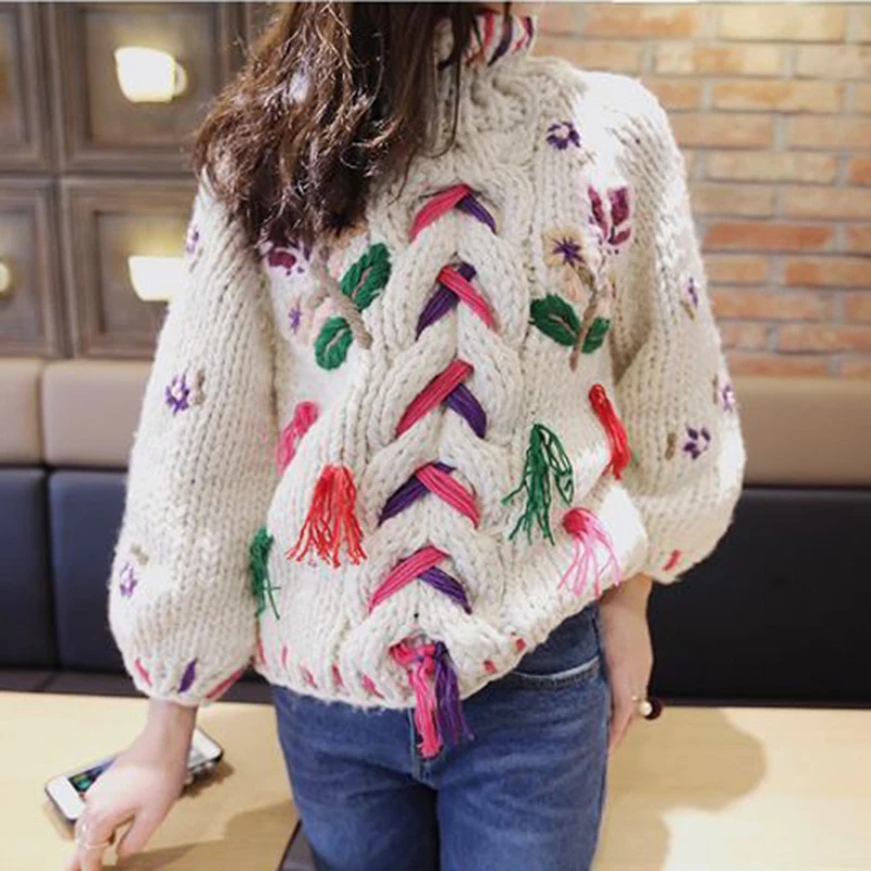 Floral Embroidered Cable Knit Sweater Pullover Winter Handmade Thick ...