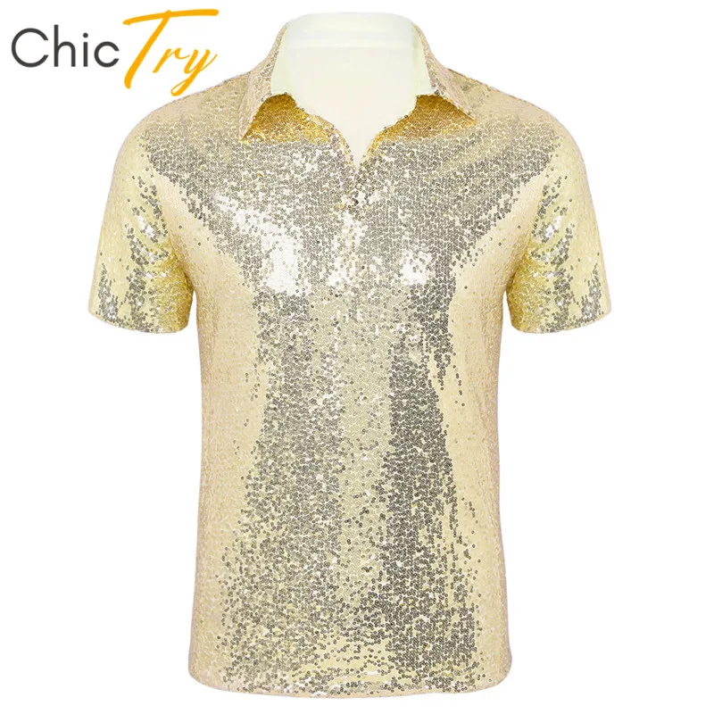 

ChicTry Men Shiny Sequins Short Sleeve T Shirt 70s Disco Nightclub Party Festival Rave Tops Stage Performance Jazz Dance Costume