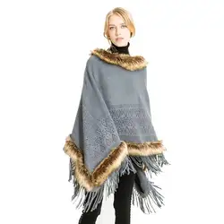 Осень-зима Для женщин кисточкой вязаная шаль накидка пончо шарф пуловеры гетры Для женщин искусственной меховой воротник-шарф