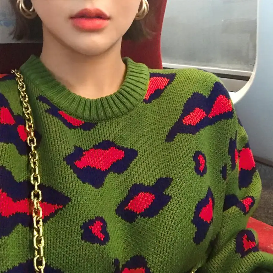 Женский осенний и зимний вязаный Двухцветный пуловер с круглым вырезом, Леопардовый Повседневный удобный женский свитер с длинными рукавами - Цвет: green
