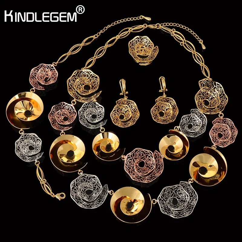 Rmantic 3Color Rose Bridal Costume Dubai Jewelry Set Fashion Maxi