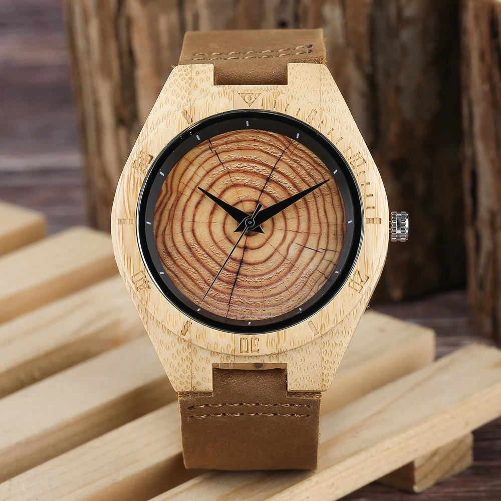 Growth Ring Dial Women Bamboo Wood Watch Brown Geunine Leather Strap Men Female Wooden Quartz Watches Handmade Wood Clock Reloj (7)