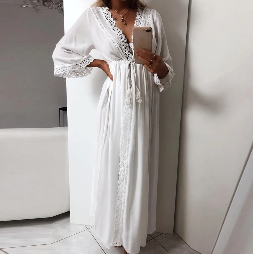 

Women Lace Cardigan Shawl Coat Beach Wear Swimwear Long Sleeve Patchwork Cover Up Blouse Tops Cape Pareo 2019 Sexy Bathing Suit