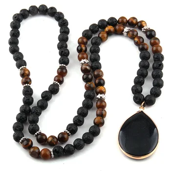 

Free Ship Fashion Black Lava &Tiger Eye Stones Bohemian Tribal Jewelry Lave Drop Pendant Necklace For Women Ethnic Necklace