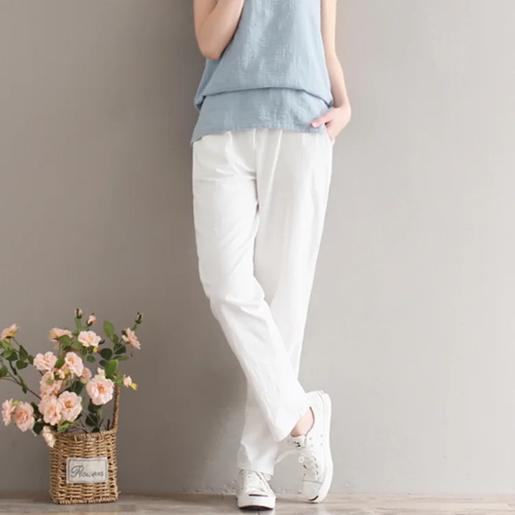 

Female Stylish College Style Solid Color Spring Summer New Paragraph Long Loose Pants Casual Elastic Waist Cotton Linen Women