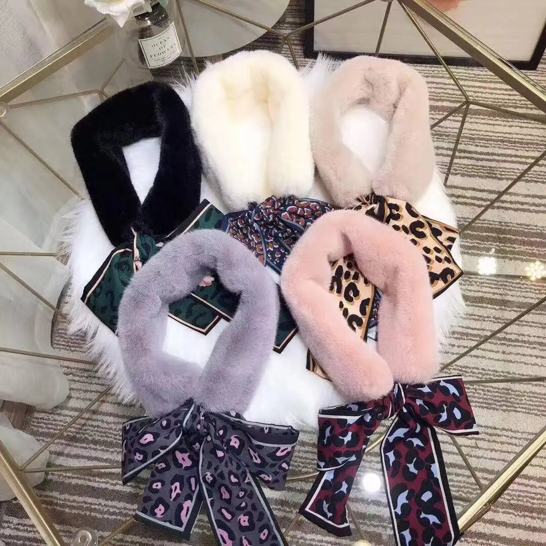 

Womens Faux Fur Scarf Leopard Print Cute Ball Collar Shawl Warmer Plush Wrap Bow Tie Neck Winter Ladies Formal Party Scarves