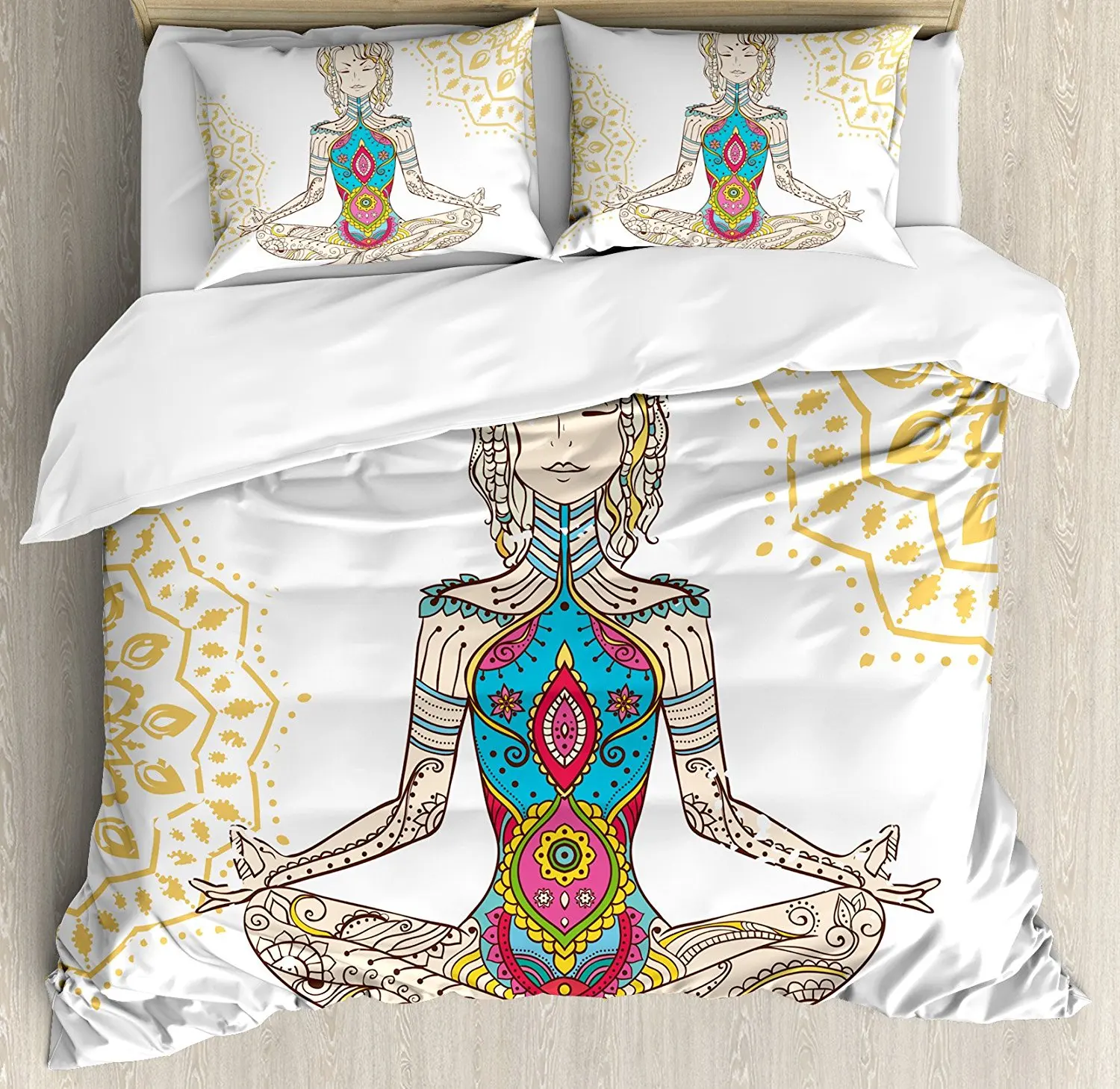 Duvet Cover Set, Girl in Yoga Position with Ethnic Figures on Her Body