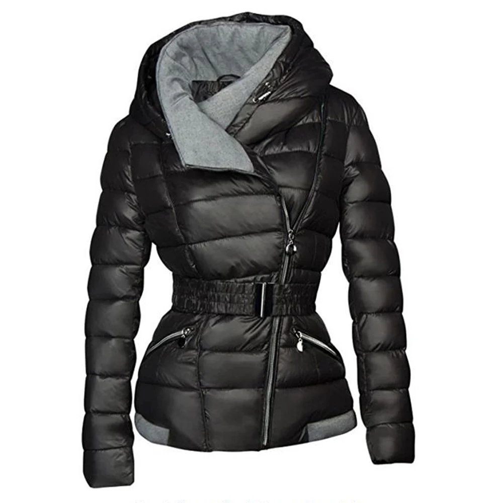 2018 Winter Coats Women Parkas Cotton Warm Thick Short Jacket Coat with Belt Slim Casual zipper Gothic Black Outerwear Overcoats -