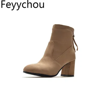 

Women Boots High Heel Spring Autumn Flock Zip Ankle Chelsea Boots Round Toe 2018 New Sexy Fashion Purple Black Beige Martin Shoe