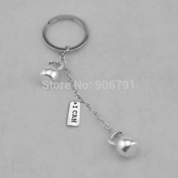 

30pcs a lot fashion antique silver color beauty sport Kettle bell with I CAN Gym Key chain(K100543),Fashion