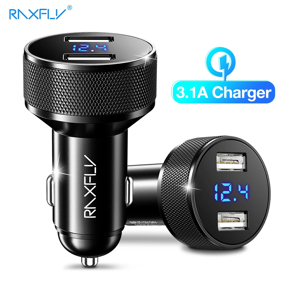 

RAXFLY 3.1A Fast Charge Car Charger Dual USB Universal Charger for iPhone Samsung Huawei Xiaom Digital Display Car Phone Charger