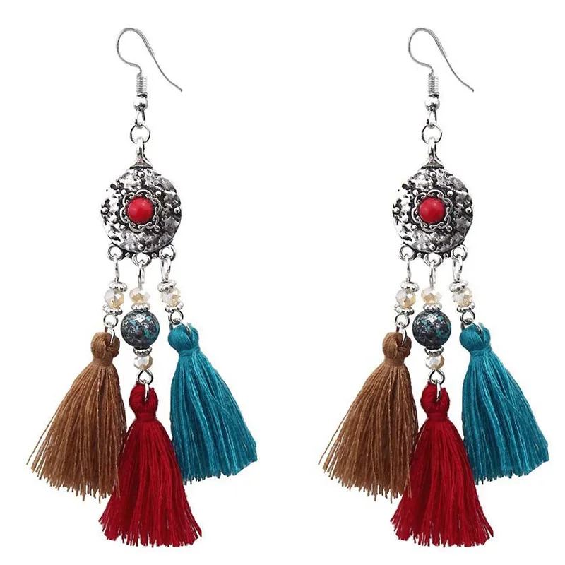 HYBZH Silver sequins boho ethnic tassel drop earrings Women ladies