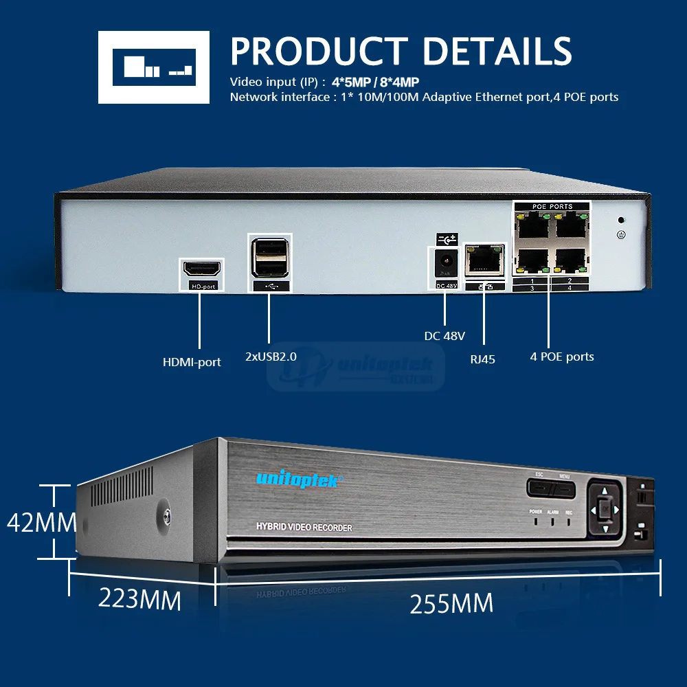 H.265/H.264 4CH 48 V POE IP Камера CCTV NVR безопасности Система наблюдения P2P ONVIF 4*5 Мп/8*4 Мп